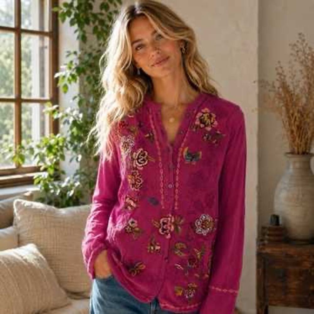 Sundance Womens XXL Embroidered Bohemian Blouse Long Sleeve Top Henly Thermal